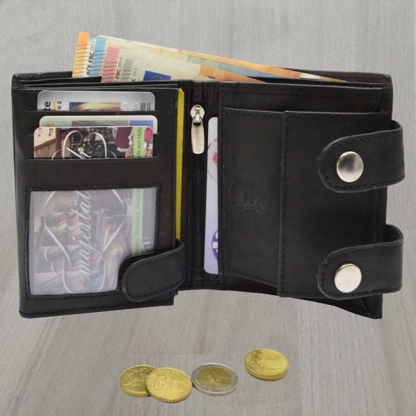 Herren Brieftasche Ledergeldbörse Hochformat mit Karabiener Hosenkette schwarz